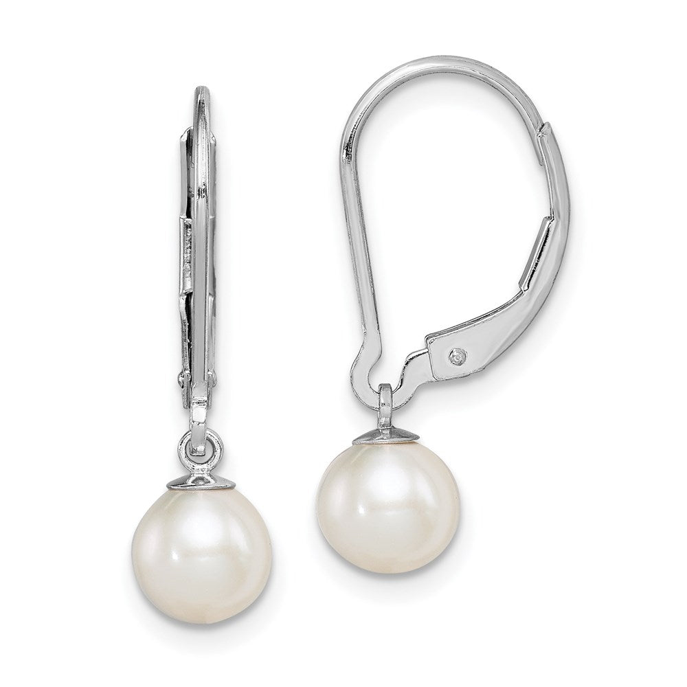 Sterling Silver Rhodium-plated 6-7mm White Round Freshwater Cultured Pearl Leverback Dangle Earrings, 23 mm, 0.59 g
