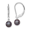 Sterling Silver Rhodium-plated 6-7mm Black Round Freshwater Cultured Pearl Leverback Dangle Earrings, 24 mm, 0.59 g