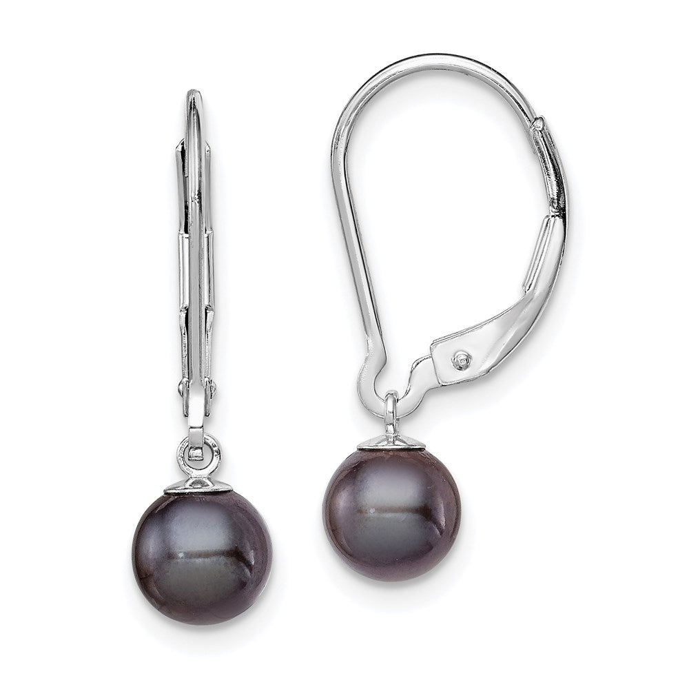 Sterling Silver Rhodium-plated 6-7mm Black Round Freshwater Cultured Pearl Leverback Dangle Earrings, 24 mm, 0.59 g