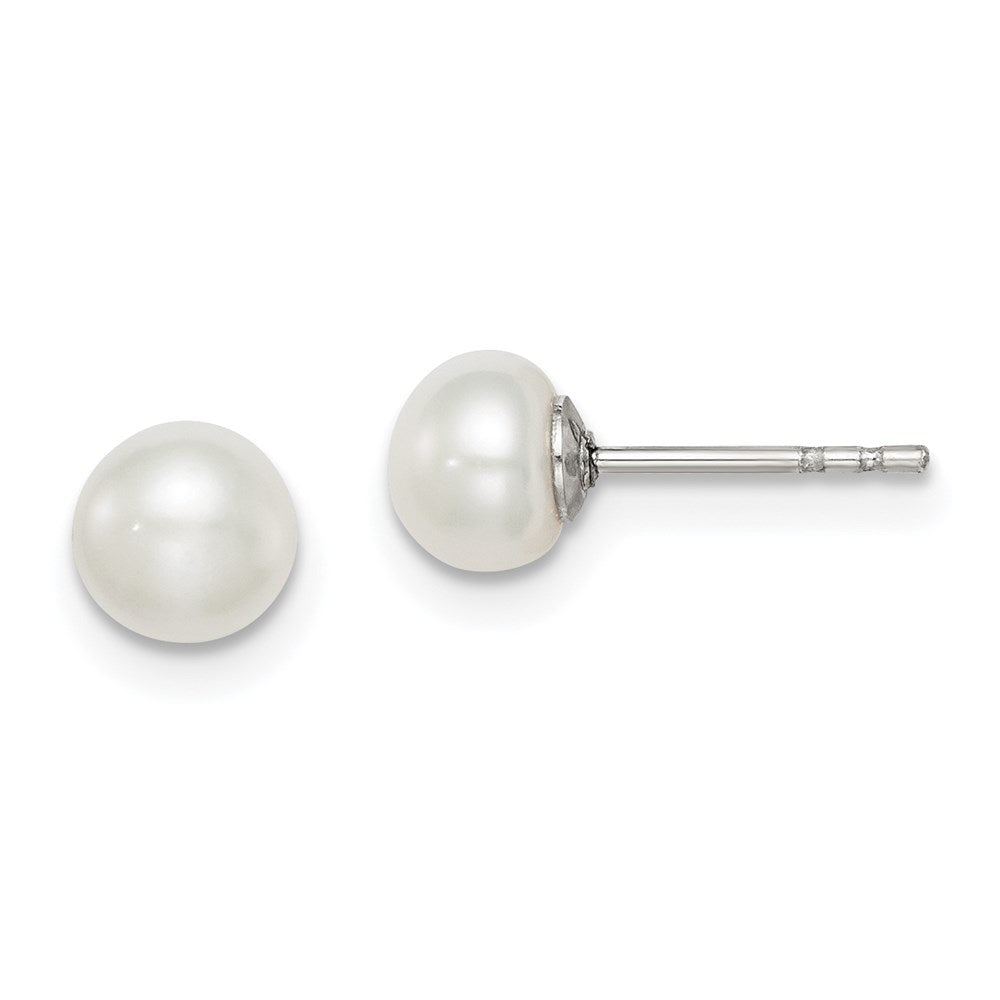 Sterling Silver Rhodium-plated 5-6mm White Button Freshwater Cultured Pearl Post Earrings, 5.5 mm