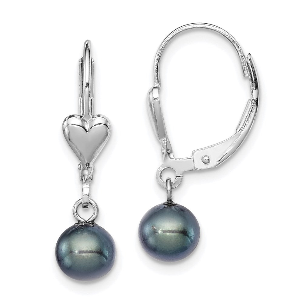 Sterling Silver Rhodium-plated 6-7mm Black Round Freshwater Cultured Pearl Heart Leverback Dangle Earrings, 26 mm