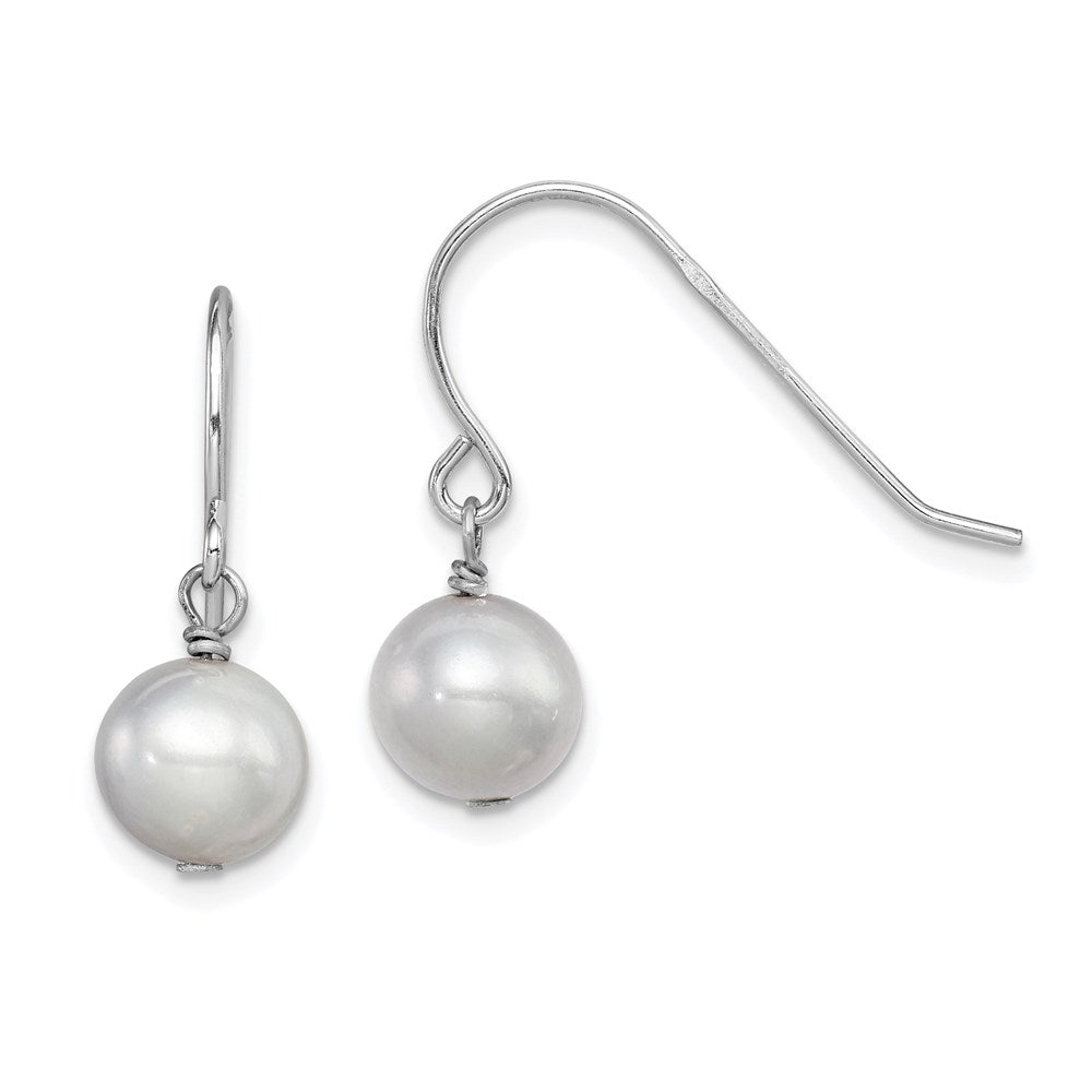 Sterling Silver Rhodium-plated 7-8mm Grey Semi-Round Freshwater Cultured Pearl Dangle Earrings, 20 mm