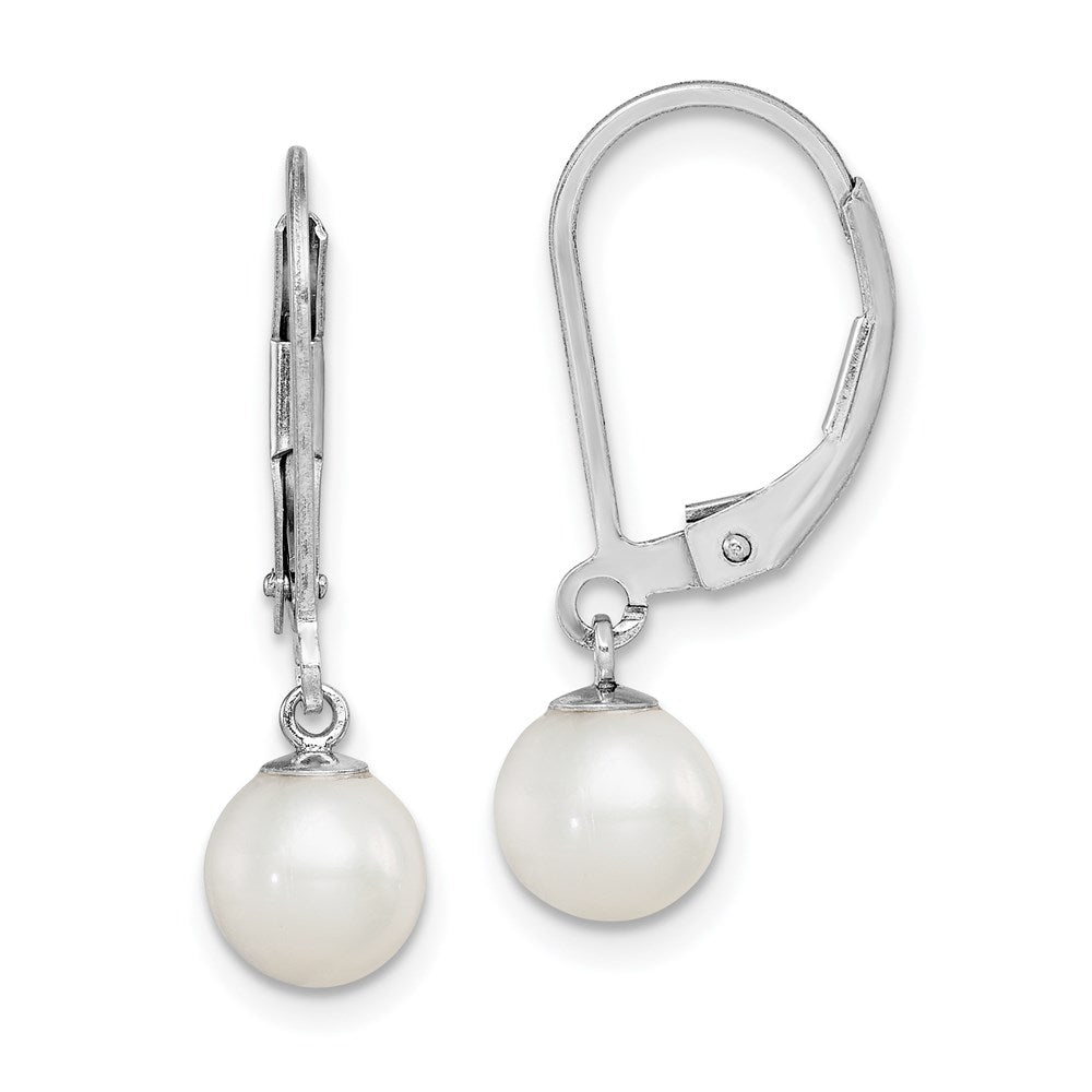 Sterling Silver Rhodium-plated 6-7mm White Round Freshwater Cultured Pearl Leverback Dangle Earrings, 24.2 mm