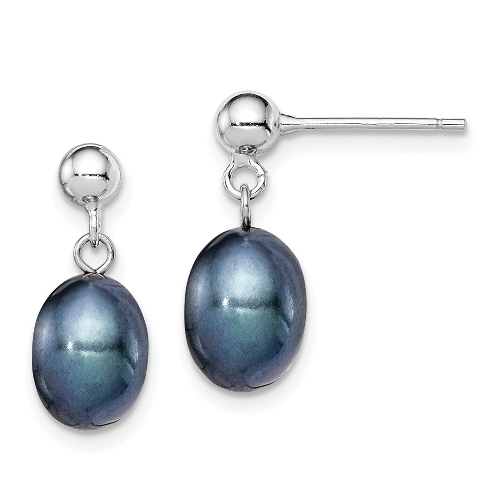 Sterling Silver Rhodium-plated 7-8mm Black Rice Freshwater Cultured Pearl Post Dangle Earrings, 16 mm