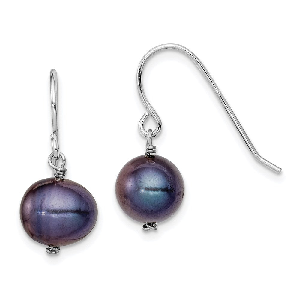 Sterling Silver Rhodium-plated Black 7.5-8.5mm Black Semi-Round Freshwater Cultured Pearl Dangle Earrings, 20 mm
