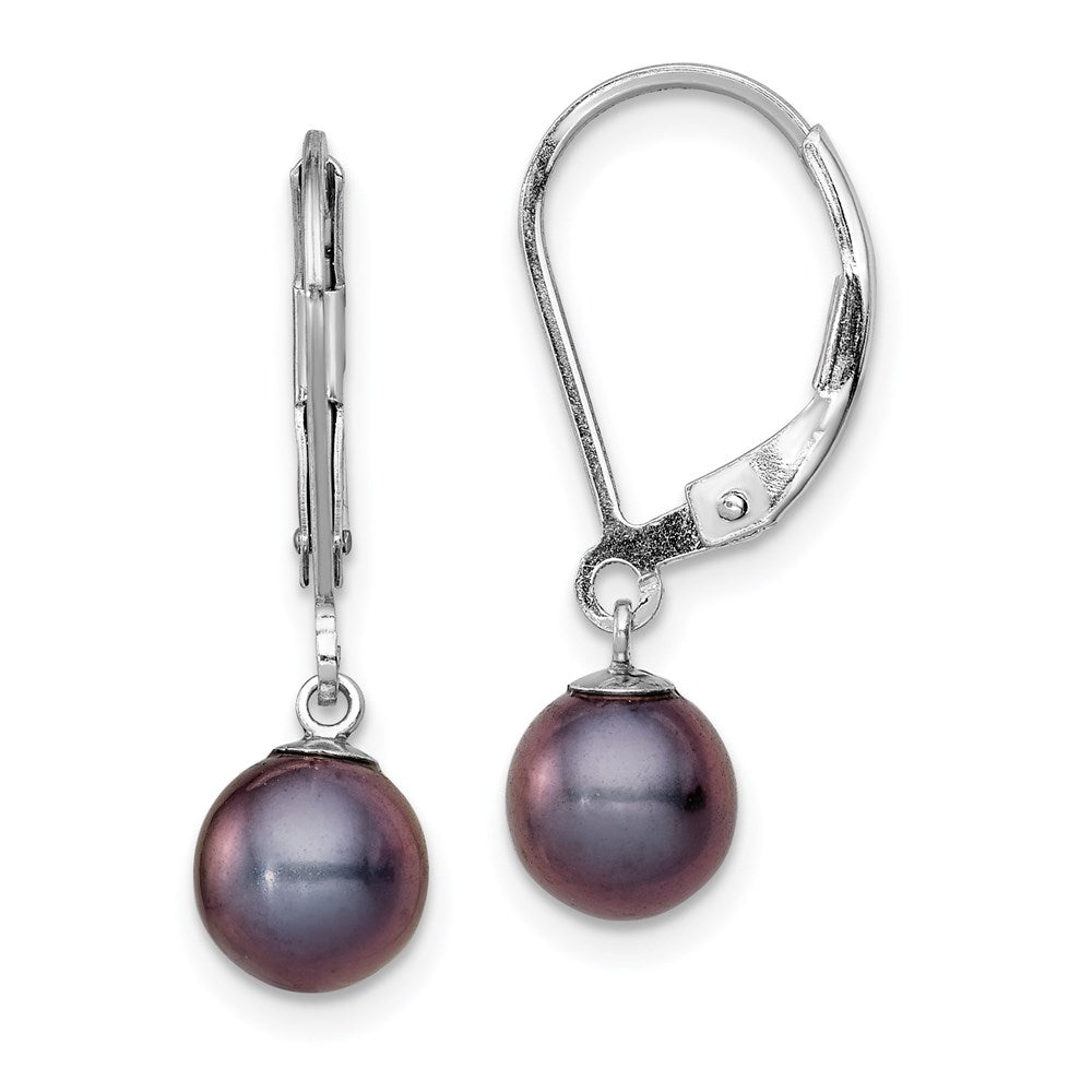 Sterling Silver Rhodium-plated 6-7mm Black Round Freshwater Cultured Pearl Leverback Dangle Earrings, 24 mm, 0.52 g