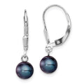 Sterling Silver Rhodium-plated 6-7mm Black Round Freshwater Cultured Pearl Leverback Dangle Earrings, 24 mm, 0.56 g