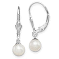 Sterling Silver Rhodium-plated 6-7mm White Round Freshwater Cultured Pearl Leverback Dangle Earrings, 24 mm