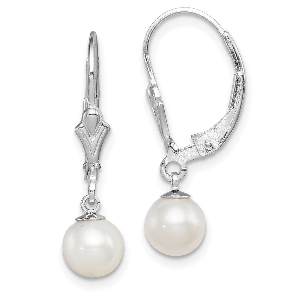Sterling Silver Rhodium-plated 6-7mm White Round Freshwater Cultured Pearl Leverback Dangle Earrings, 24 mm