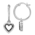 White Night Sterling Silver Rhodium-plated Black and White Diamond with Dangle Heart Hoop Earring, 0.304 ct, 30 x 11 mm