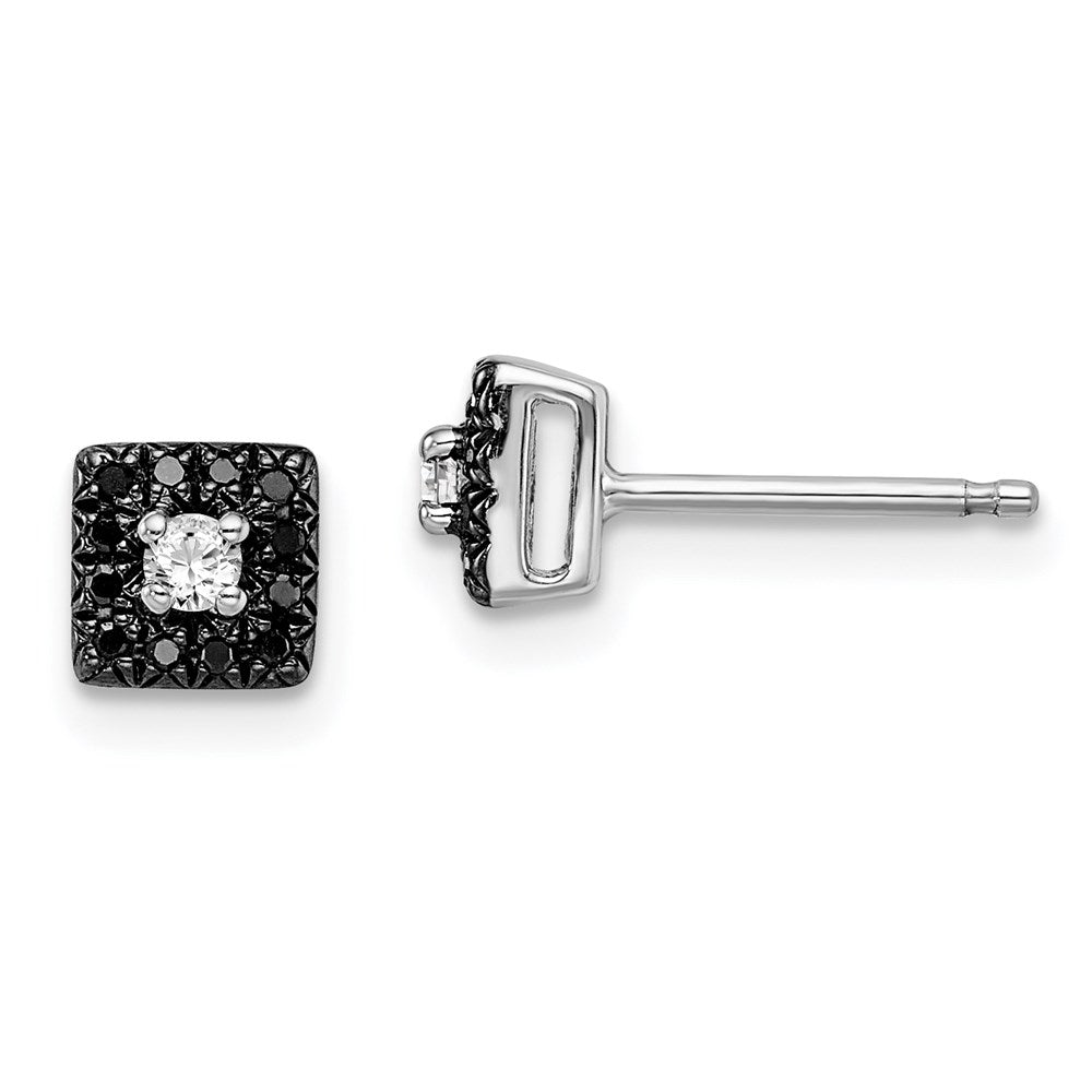 White Night Sterling Silver Rhodium-plated Black and White Diamond Square Stud Post Earrings, 0.133 ct, 6 x 6 mm