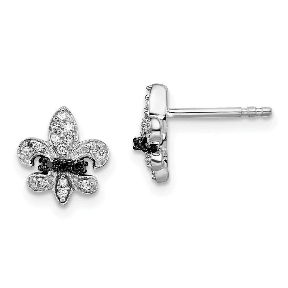 White Night Sterling Silver Rhodium-plated Black and White Diamond Fleur de Lis Post Earrings, 0.156 ct, 10 x 10 mm