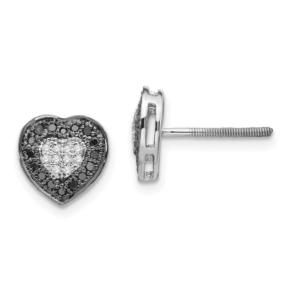 White Night Sterling Silver Rhodium-plated Black and White Diamond Heart Post Earrings, 0.26 ct, 8 x 9 mm