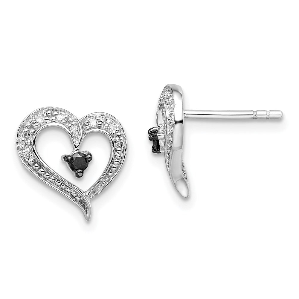 White Night Sterling Silver Rhodium-plated Black and White Diamond Heart Post Earrings, 0.152 ct, 11 x 12 mm
