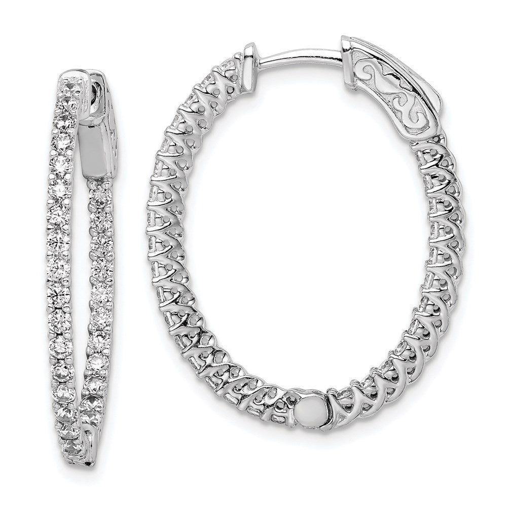 Sterling Shimmer Sterling Silver Rhodium-plated 60 Stone 1.7mm CZ In and Out Oval Hinged Hoop Earrings, 29.5 x 23.5 mm