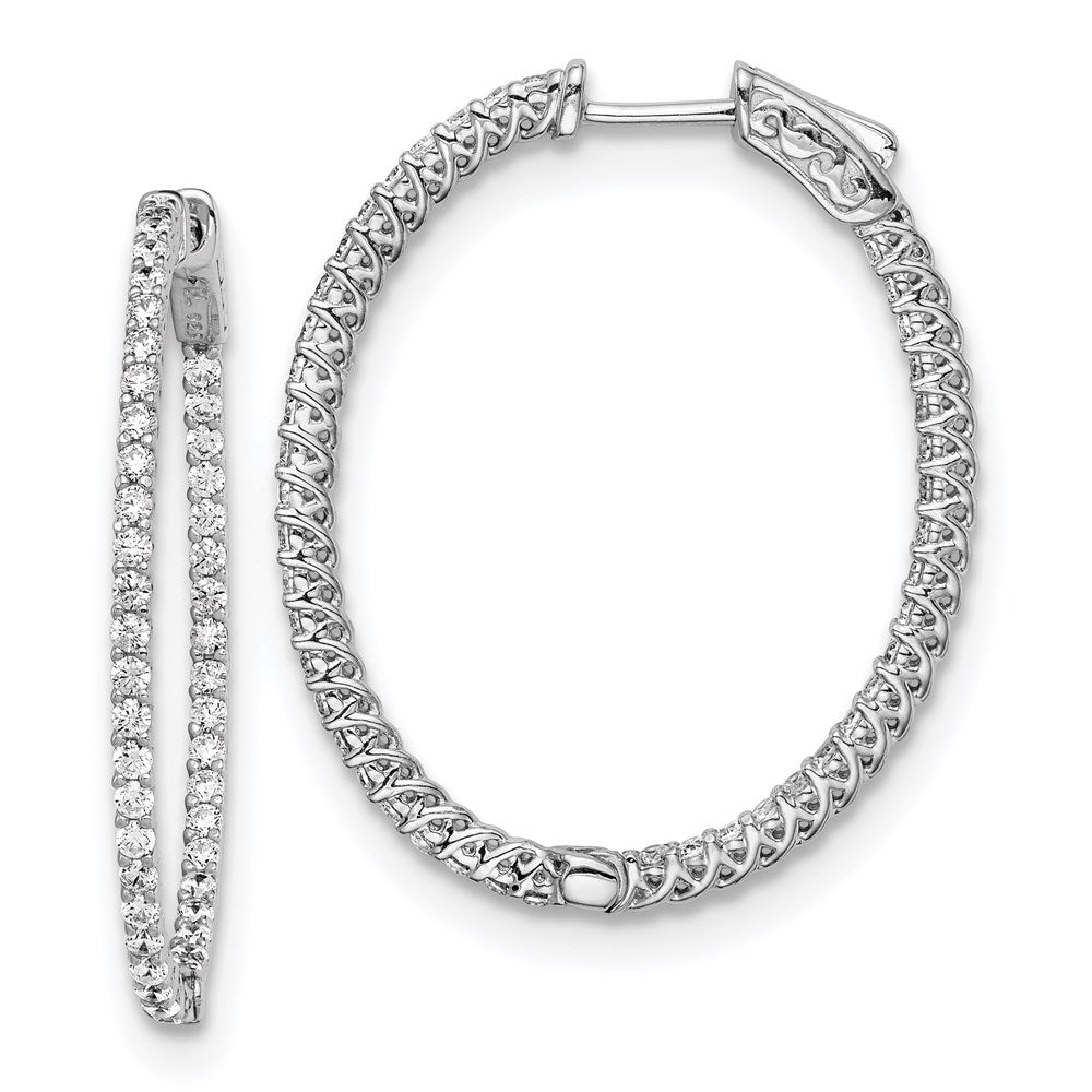Sterling Shimmer Sterling Silver Rhodium-plated 88 Stone 1.7mm CZ In and Out Oval Hinged Hoop Earrings, 37.5 x 30 mm