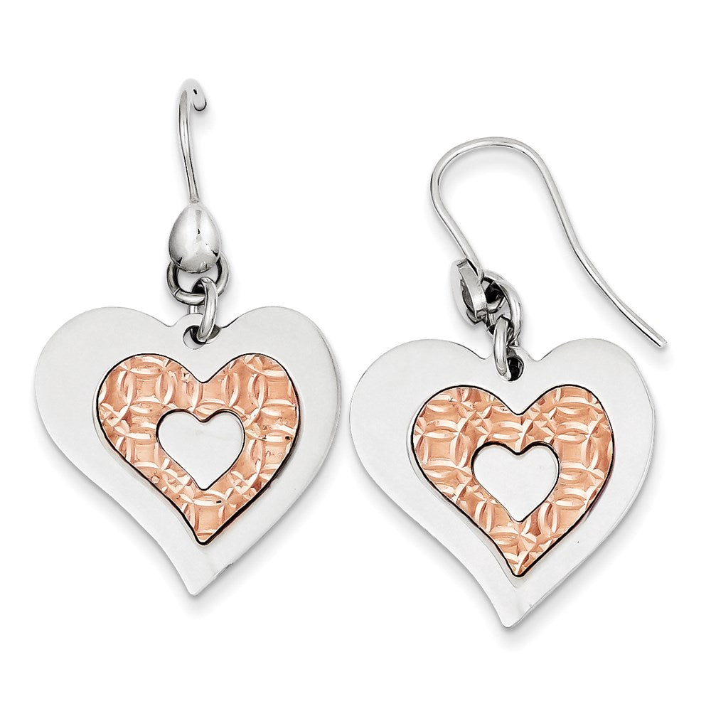 Sterling Silver Polished Heart Rose Gold-plated Heart Dangle Earrings, 40 x 23 mm