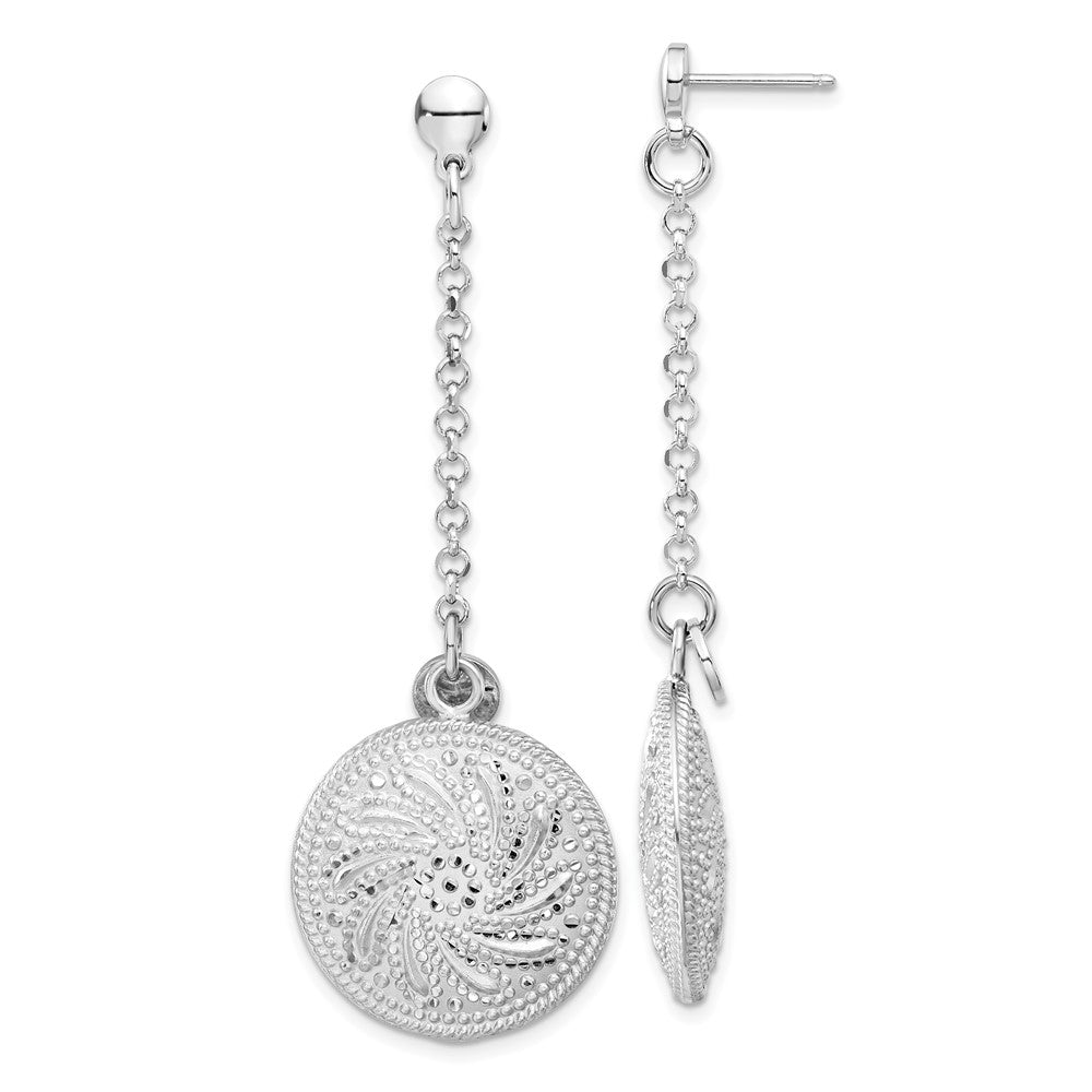 Sterling Silver Rhodium Plated D/C Circle Discs Post Dangle Earrings, 65.8 x 22.35 mm