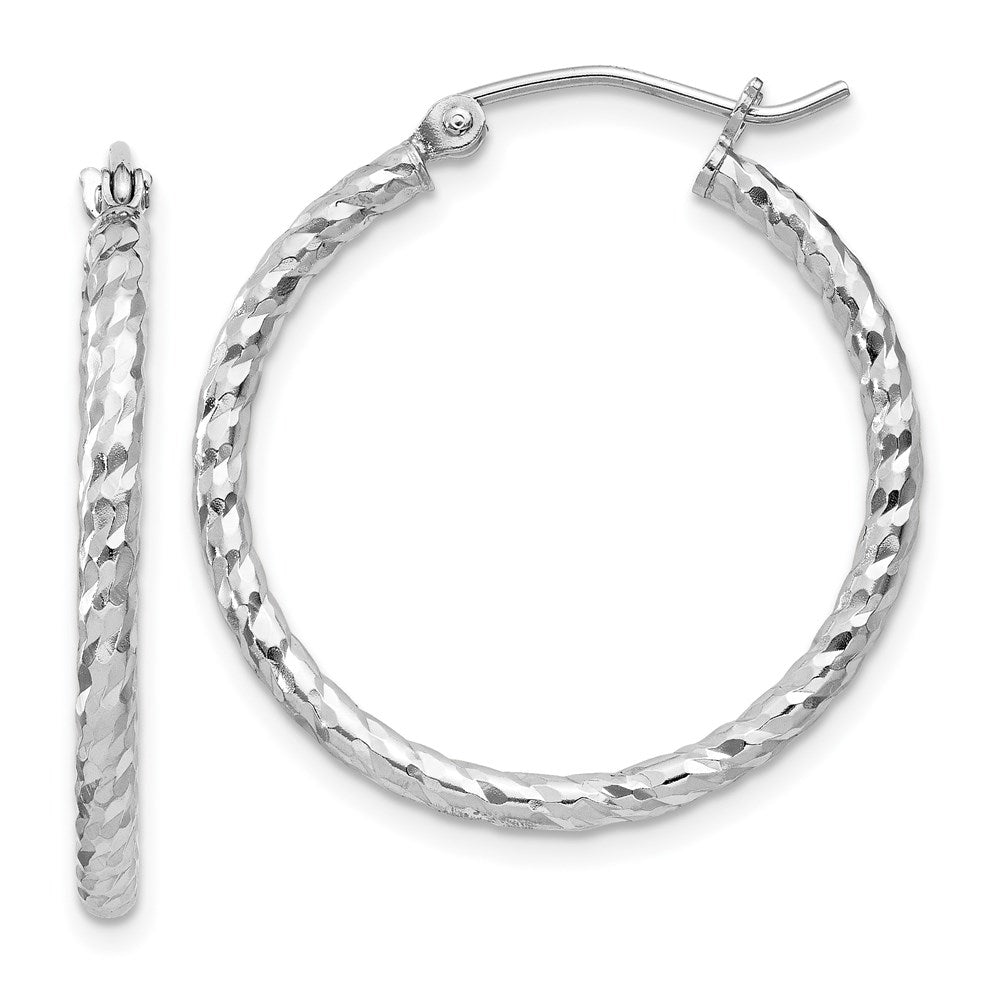 Sterling Silver Rhodium Plated Diamond-cut 2x25mm Hoop Earrings, 25 x 2 mm