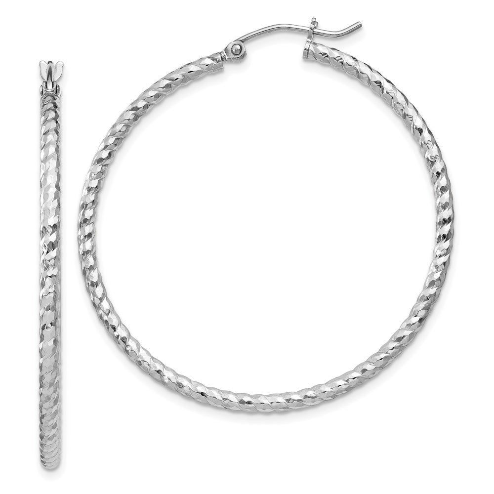 Sterling Silver Rhodium Plated Diamond-cut 2x40mm Hoop Earrings, 40 x 2 mm