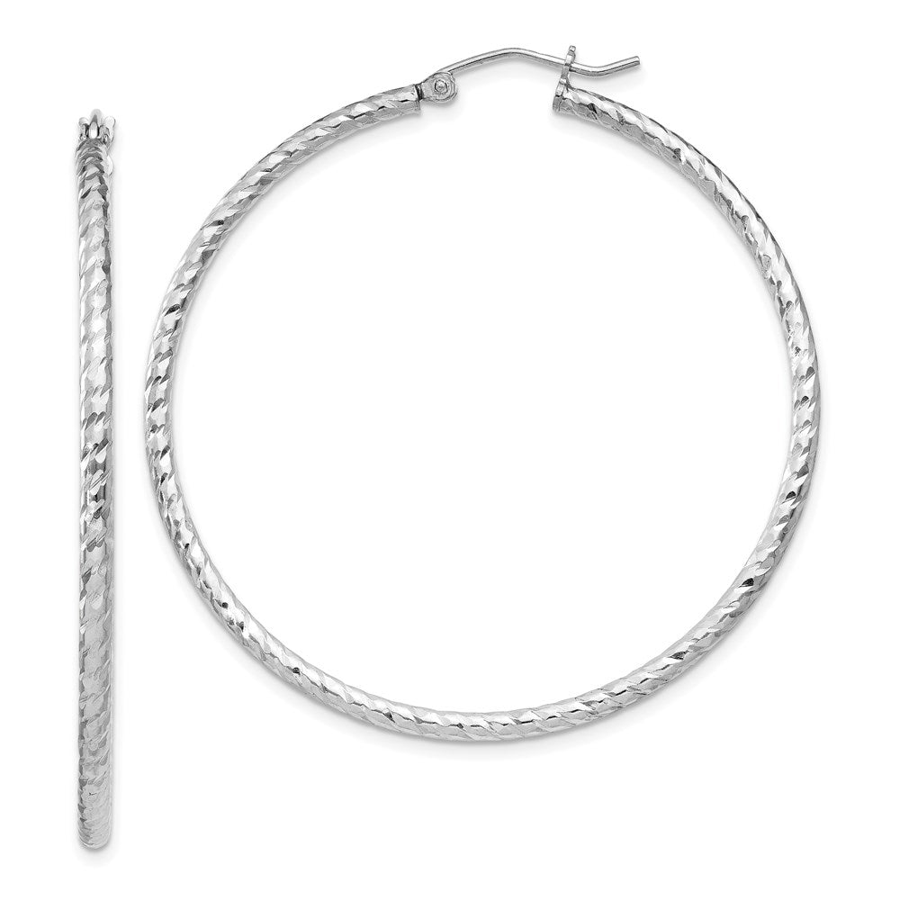 Sterling Silver Rhodium Plated Diamond-cut 2x45mm Hoop Earrings, 45 x 2 mm