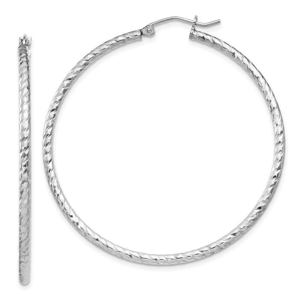 Sterling Silver Rhodium Plated Diamond-cut 2x50mm Hoop Earrings, 50 x 2 mm