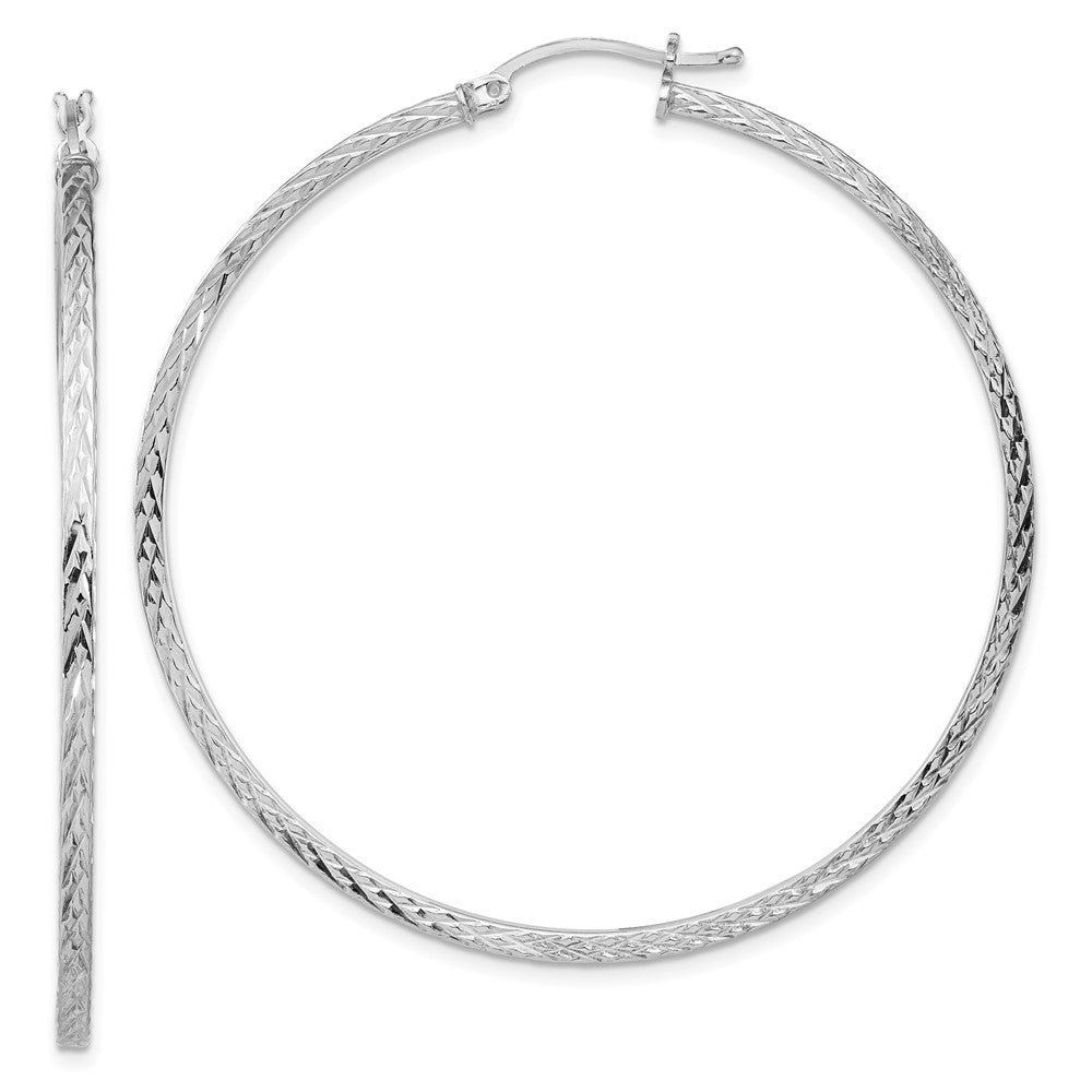Sterling Silver Rhodium-plated Diamond-cut 2x55mm Square Tube Hoop Earrings, 55 x 2 mm