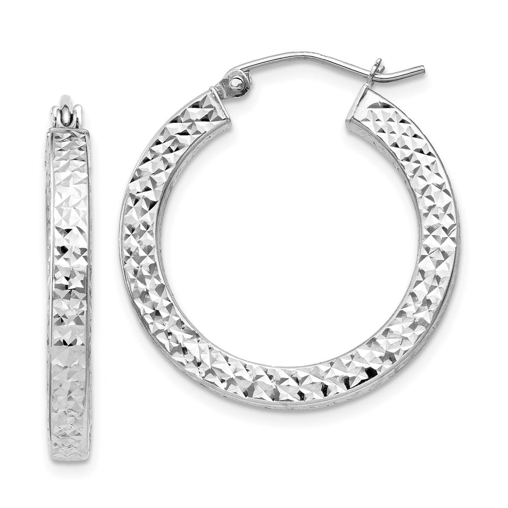 Sterling Silver Rhodium-plated Diamond-cut 3x25mm Square Tube Hoop Earrings, 25 x 3 mm