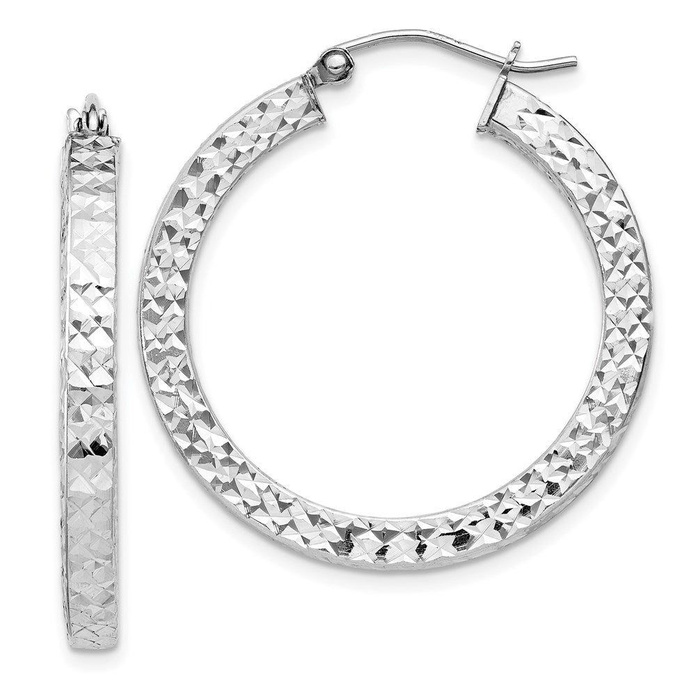 Sterling Silver Rhodium-plated Diamond-cut 3x30mm Square Tube Hoop Earrings, 30 x 3 mm