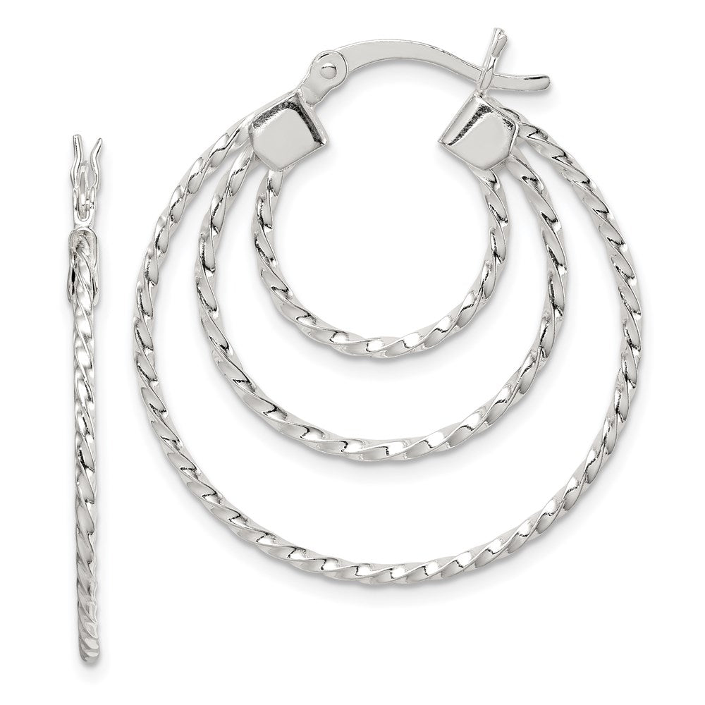 Sterling Silver Textured Triple Hoop Earrings, 30 x 30 mm