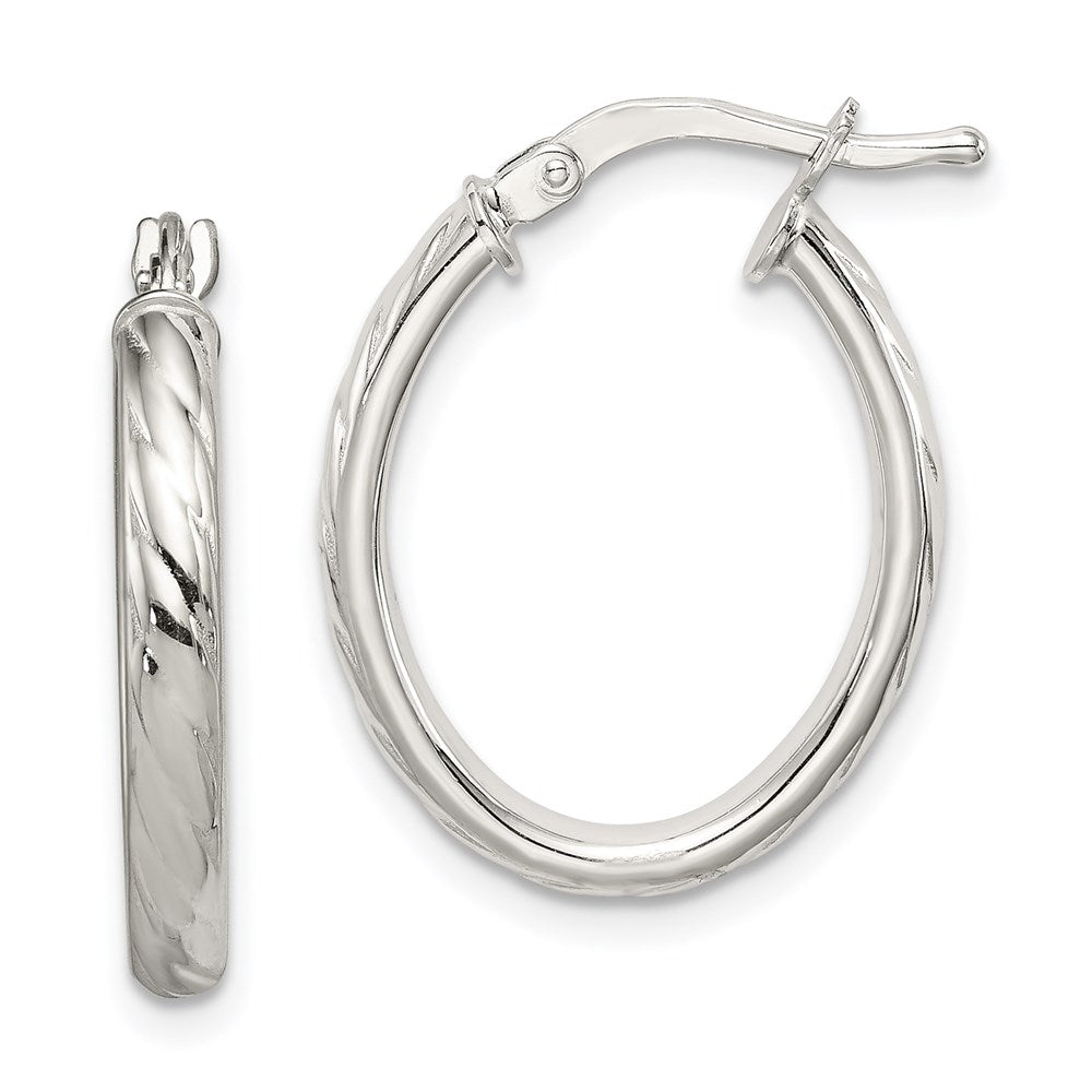 Sterling Silver Rhod-plated Textured 3mm Hollow Oval Hoop Earrings, 22 x 17 mm