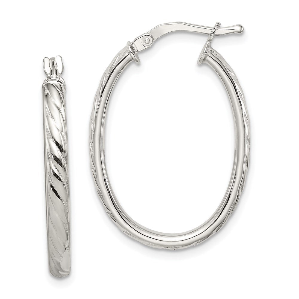Sterling Silver Rhod-plated Textured 3mm Hollow Oval Hoop Earrings, 25 x 3 mm
