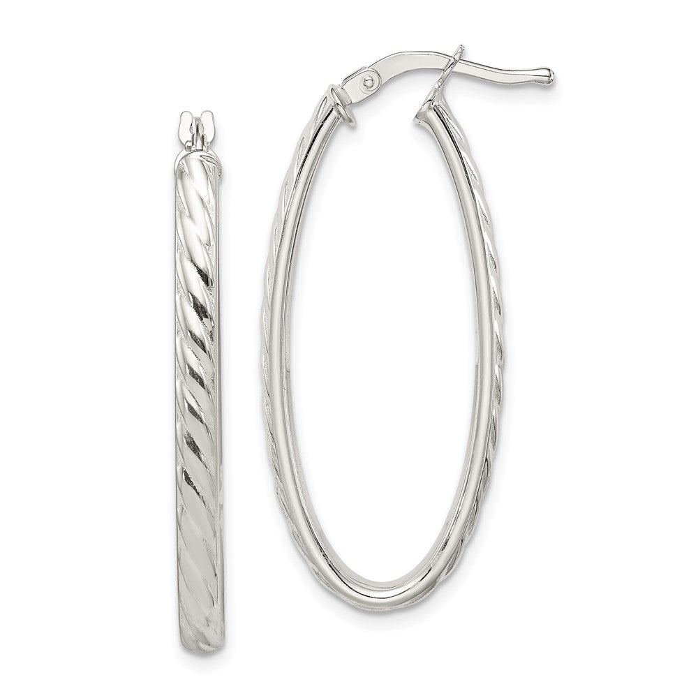 Sterling Silver Rhod-plated Textured 3mm Hollow Oval Hoop Earrings, 34 x 3 mm