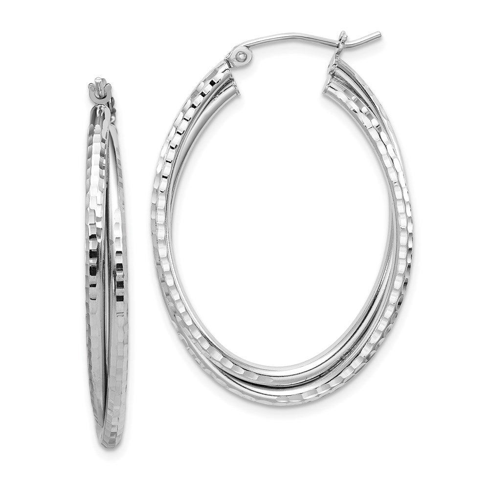 Sterling Silver Rhodium Plated Textured Double Oval Hoop Earrings, 26 x 36 mm