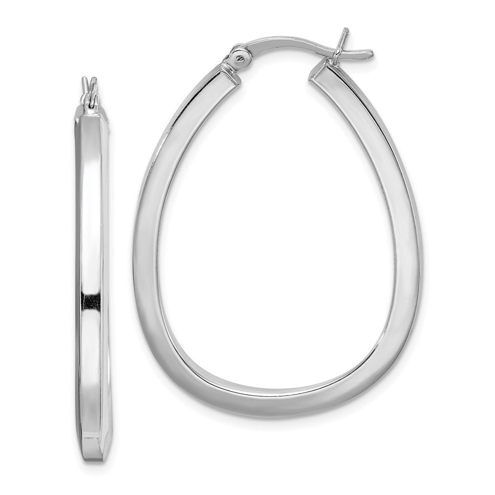 Sterling Silver Rhod-plated Square Tube 4mm Teardrop Hoop Earrings, 38 x 30 mm
