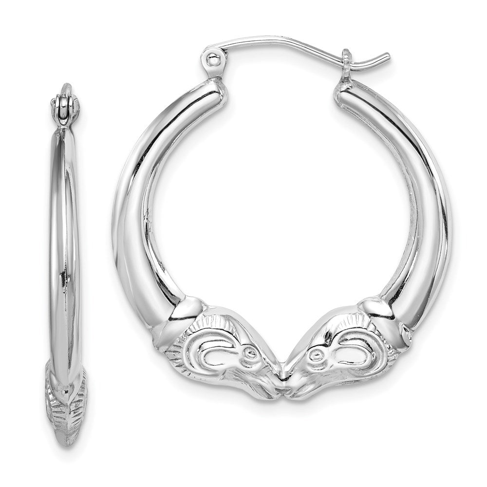 Sterling Silver Rhod-plated Textured Ram Head Round Hoop Earrings, 25 x 26 mm