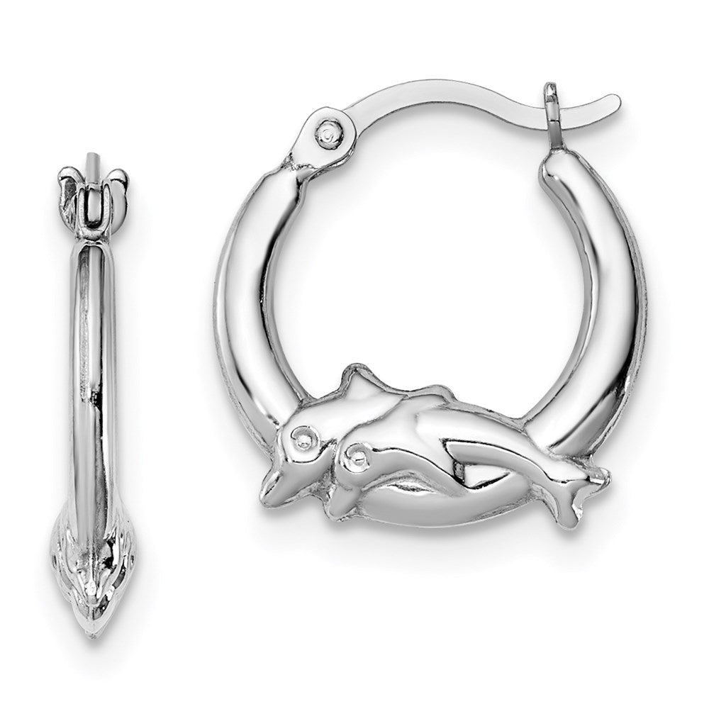 Sterling Silver Rhodium-plated Polished Dolphin Round Hoop Earrings, 14 x 14 mm