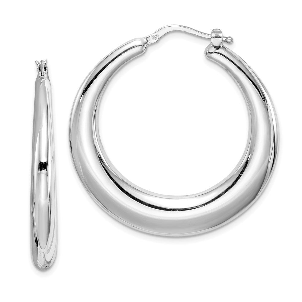 Sterling Silver RH-plated Polished Tapered Hollow Round Hoop Earrings, 38 x 38 mm