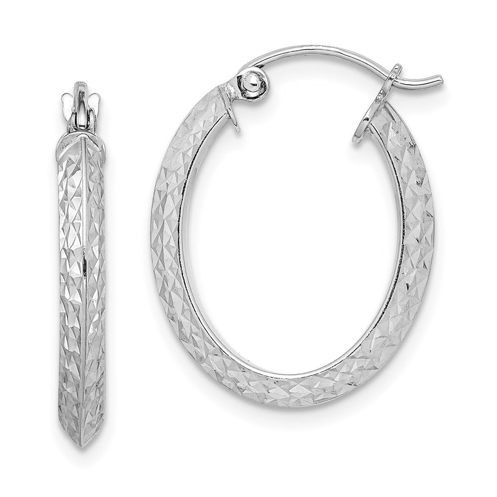 Sterling Silver Rhodium Plated Diamond Cut Oval Hoop Earrings, 19 x 17 mm