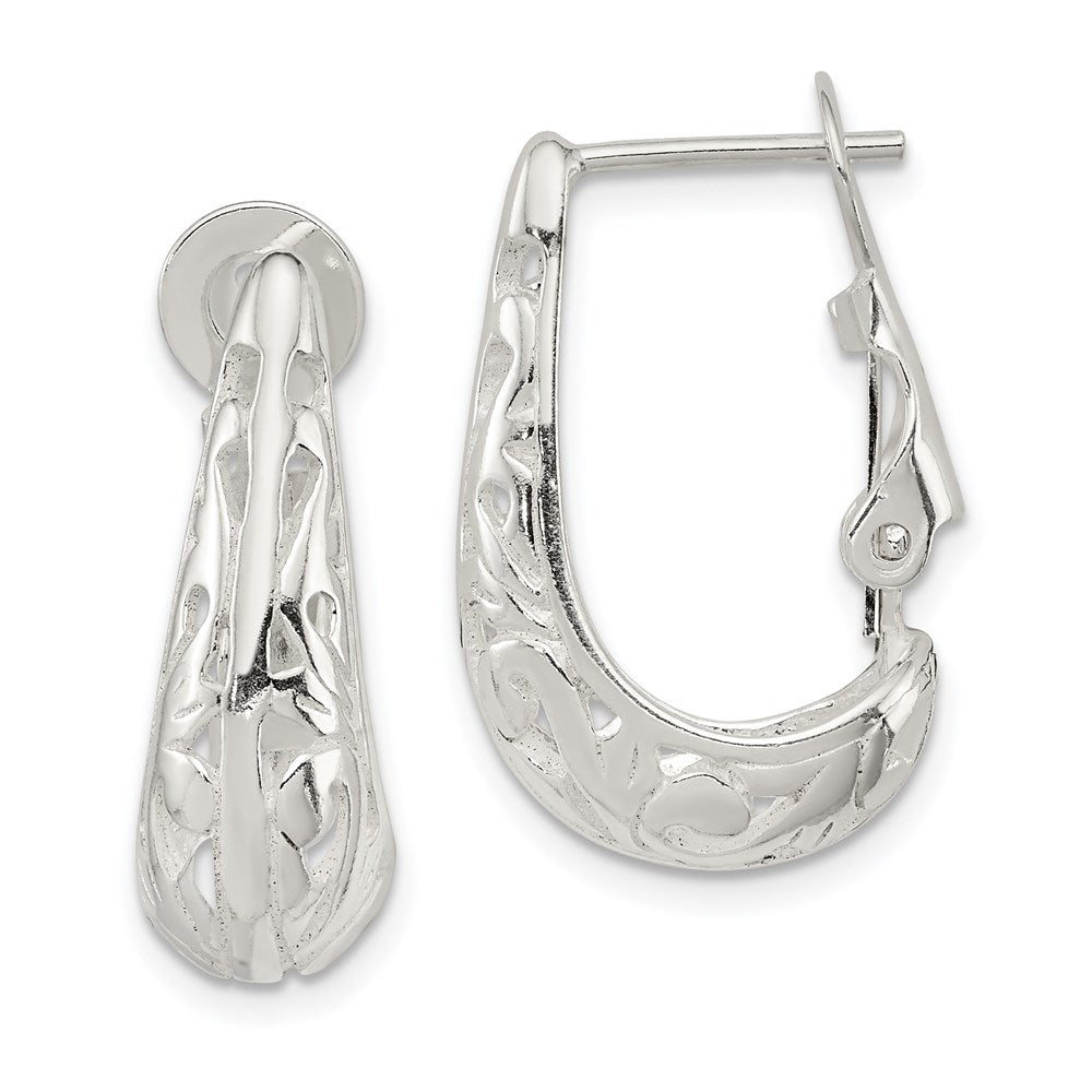 Sterling Silver Polished & Filigree Omega Back J-Hoop Earrings, 22 x 14 mm