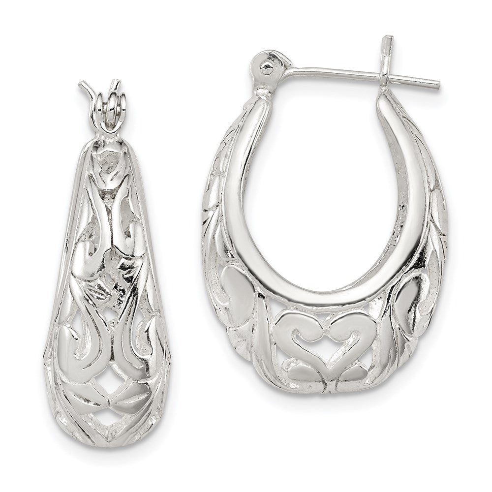 Sterling Silver Polished Filigree Oval Hoop Earrings, 24 x 17 mm