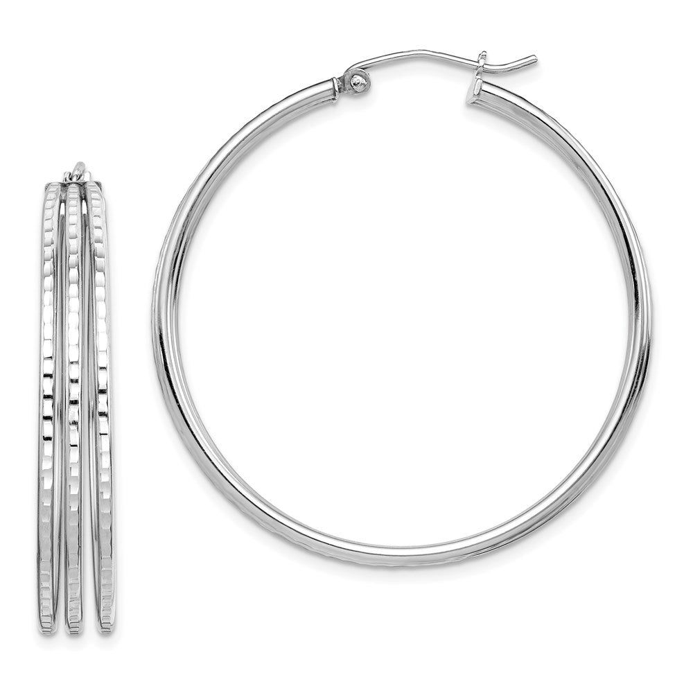 Sterling Silver Rhodium Plated Textured Fancy Hoop Earrings, 38 x 38 mm