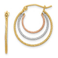 Sterling Silver Rhod-plated Yellow/Rose Vermeil 1.5mm Triple Hoop Earrings, 21 x 21 mm