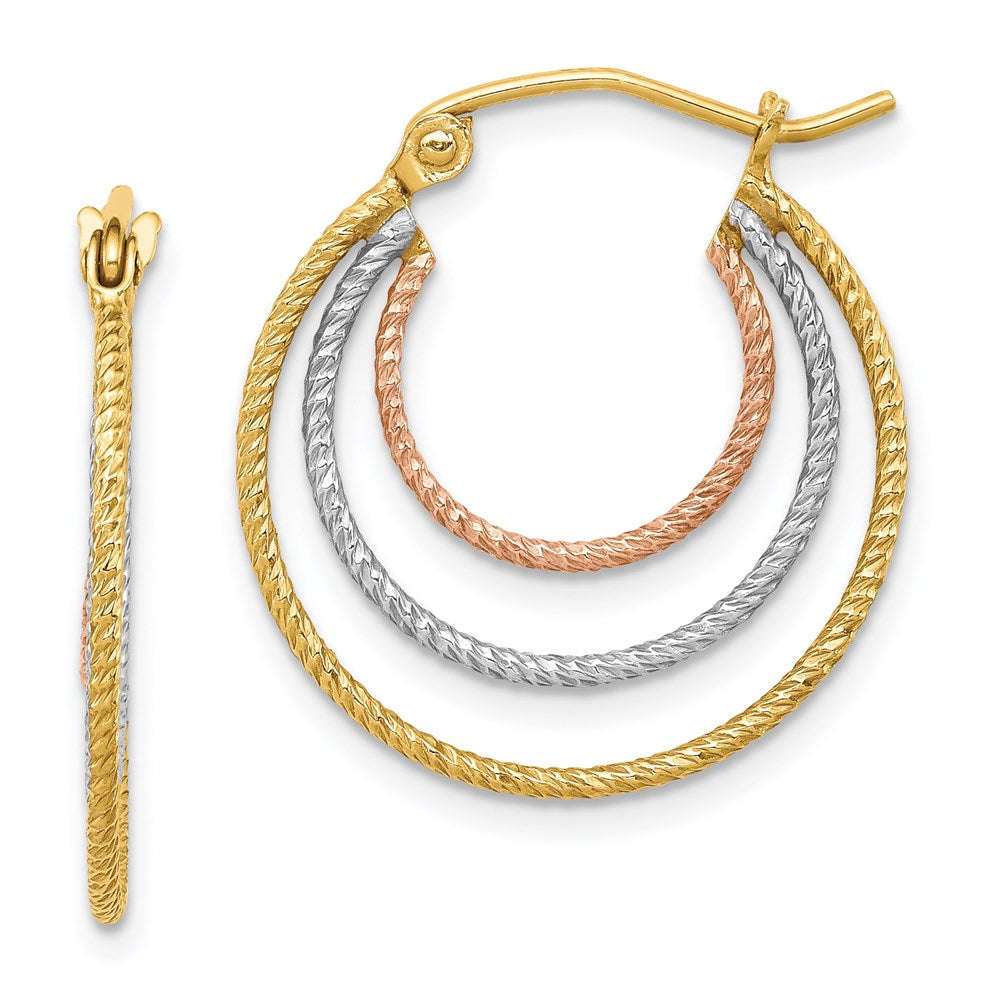 Sterling Silver Rhod-plated Yellow/Rose Vermeil 1.5mm Triple Hoop Earrings, 21 x 21 mm