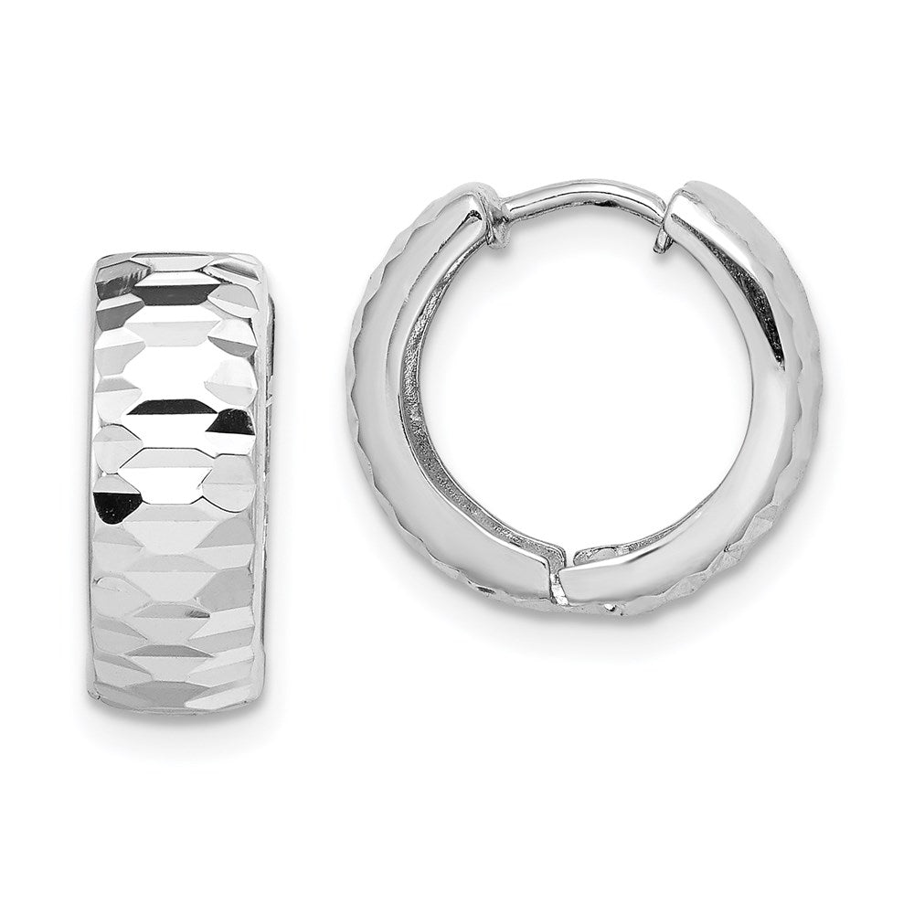 Sterling Silver Rhodium Polished Diamond-cut Hinged Hoop Earrings, 14 x 5 mm