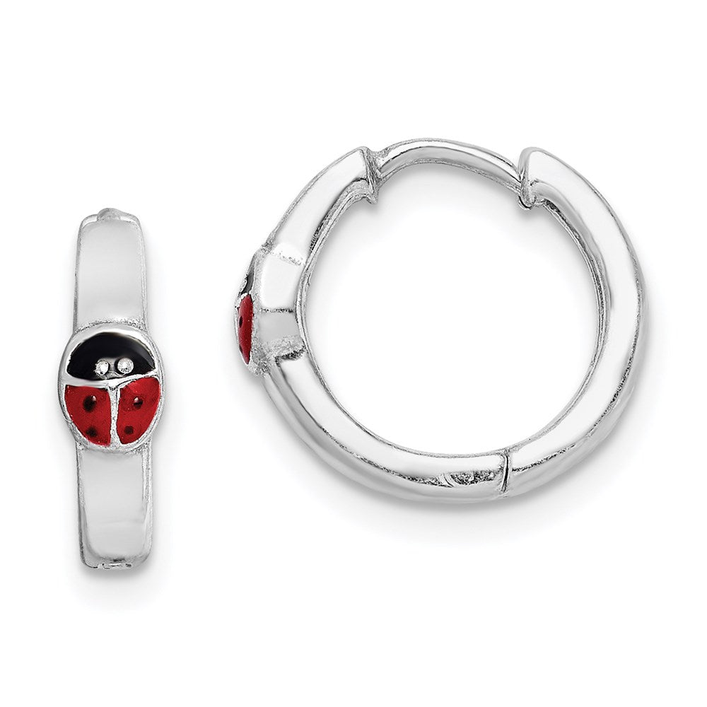 Sterling Silver RH-plated Enameled Ladybug Hinged Hoop Earrings, 13 x 14 mm
