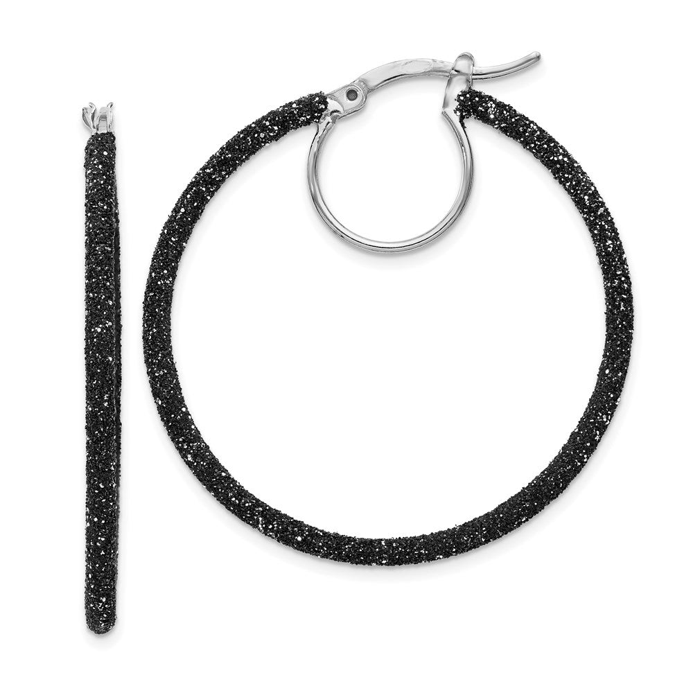 Sterling Silver Rhodium-plated Black Glitter Enamel 2x35mm Hoop Earrings, 35 x 2 mm
