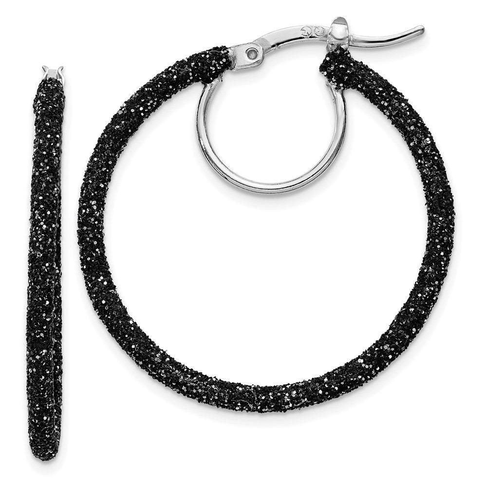Sterling Silver Rhodium-plated Black Glitter Enamel 2x30mm Hoop Earrings, 30 x 2 mm