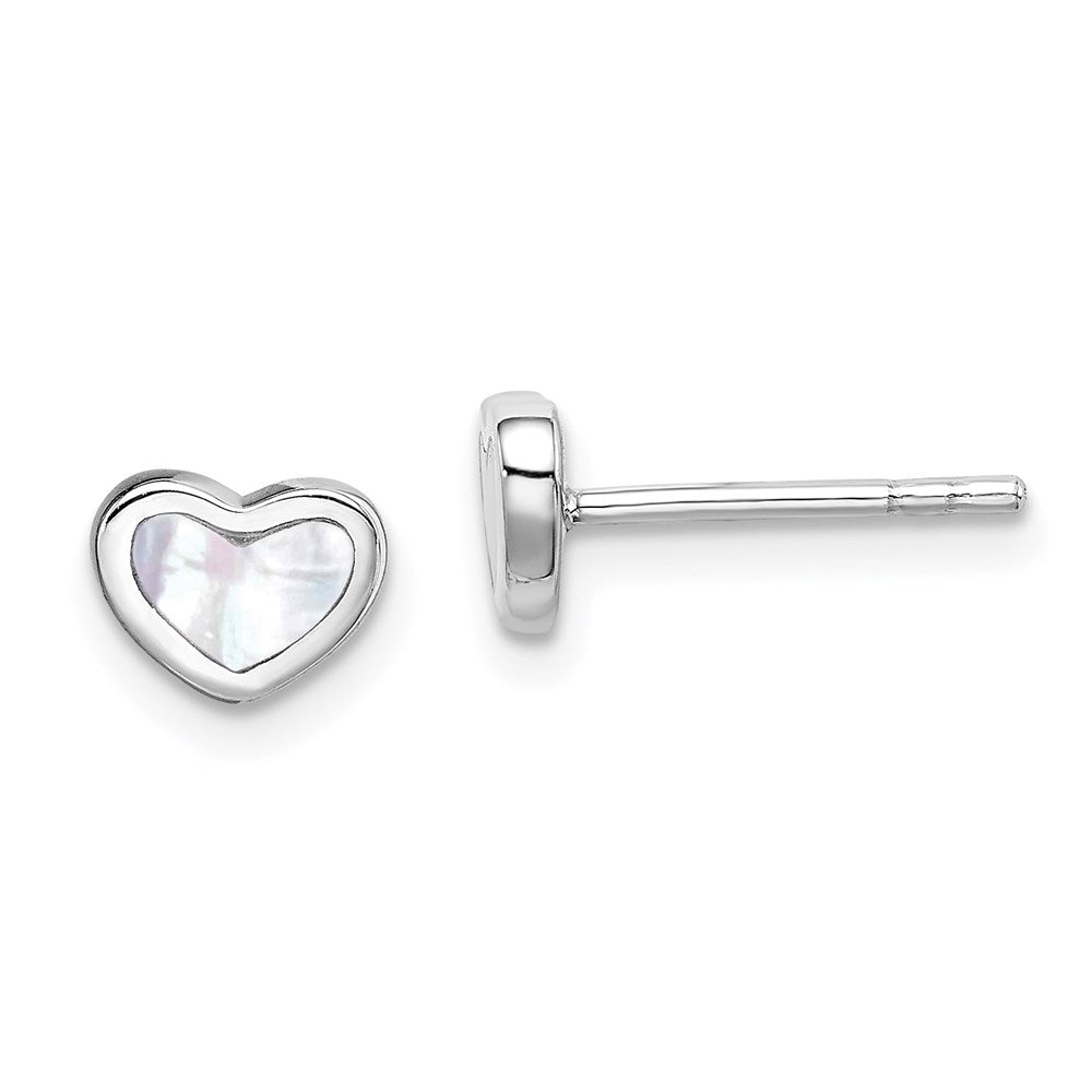 Sterling Silver Rhodium-plated Mother of Pearl Heart Post Earrings, 5 x 7 mm