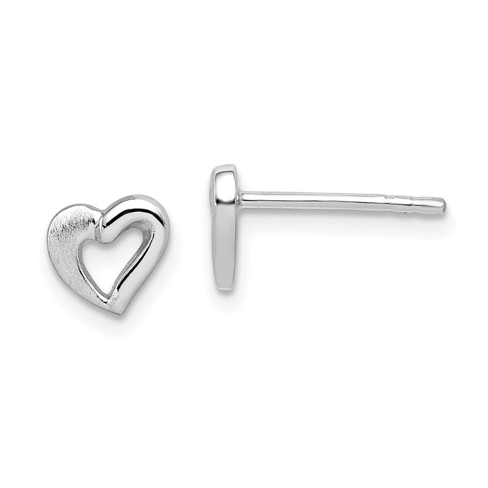 Sterling Silver RH-plated Polished & Brushed Open Heart Children's Post Earrings, 6 x 7 mm